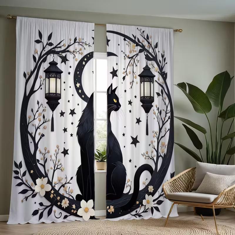Starry Moon Black Cat Curtains Design Privacy Protection Suitable Decoration Various Scenarios Curtain Set Of 2 Made Polyester With Pole Pocket