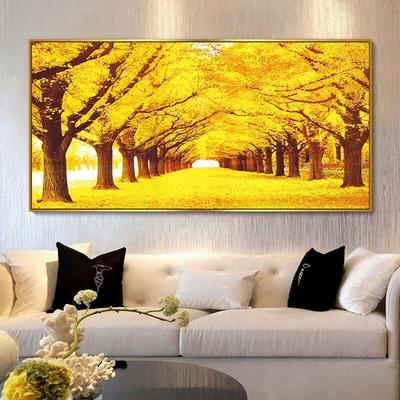 Golden Mile Chinese Tree Road Canvas Wall Art  Yellow Gold Landscape Poster Prints for Living Room  Bedroom Decor