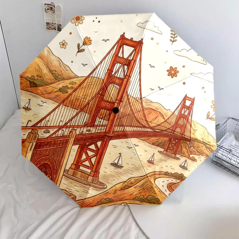 

1 PC Automatic Folding Umbrella - Famous Attractions Pattern, Portable & Foldable Design with 8 Ribs, Christmas Birthday Gifts