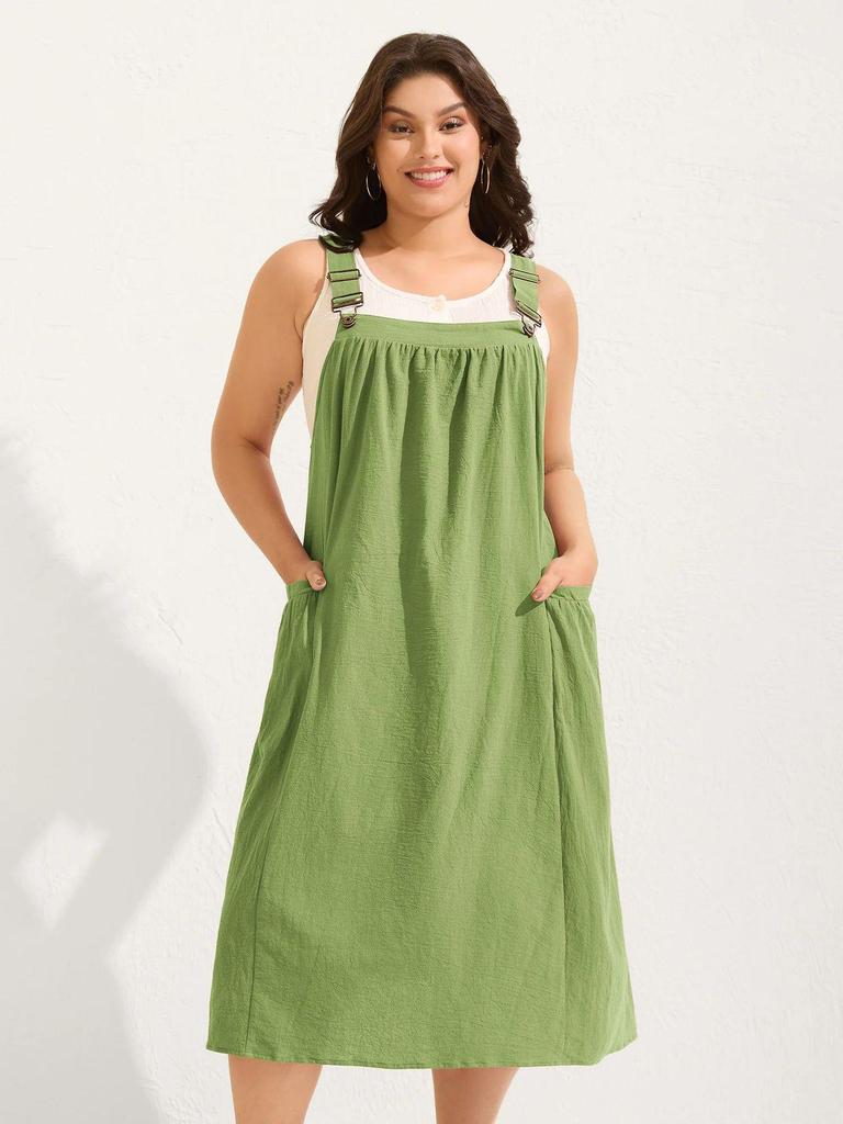 Plus Size Women's Cotton Pleated Suspender Dress with Pockets - Casual and Slimming Fit