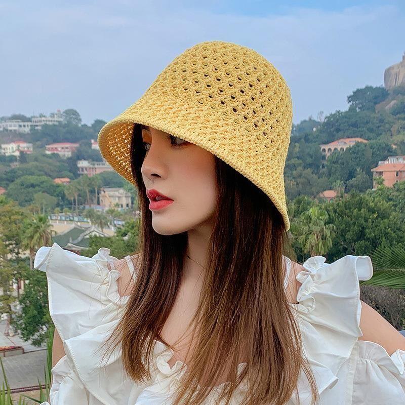 New Summer Handmade Hollow Knitted Crochet Floppy Hats Collapsible Dome Bucket Hat Solid Color Beach Caps Simple Soft Women Hat