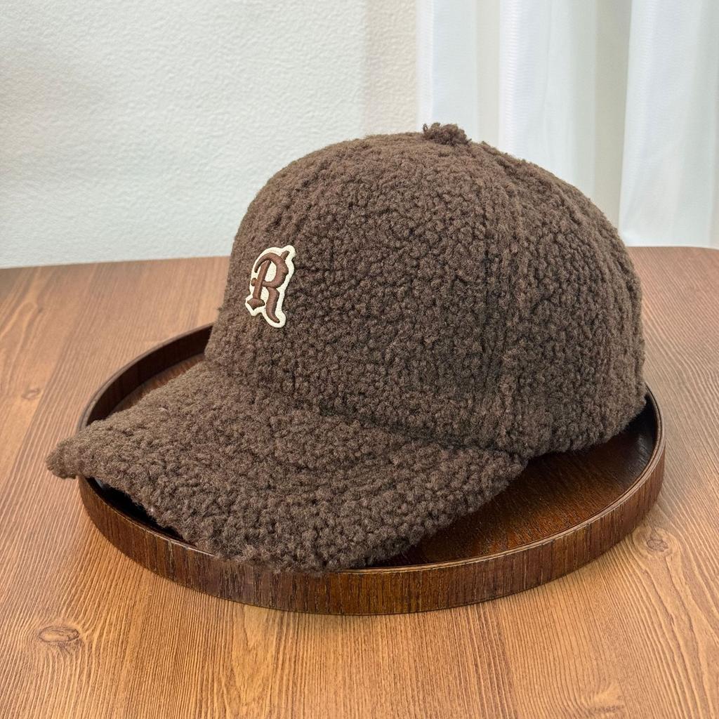 Fashion Hat Winter R letter cap Thickened lamb wool Children's versatile face small baseball cap Korean version Warm simple men