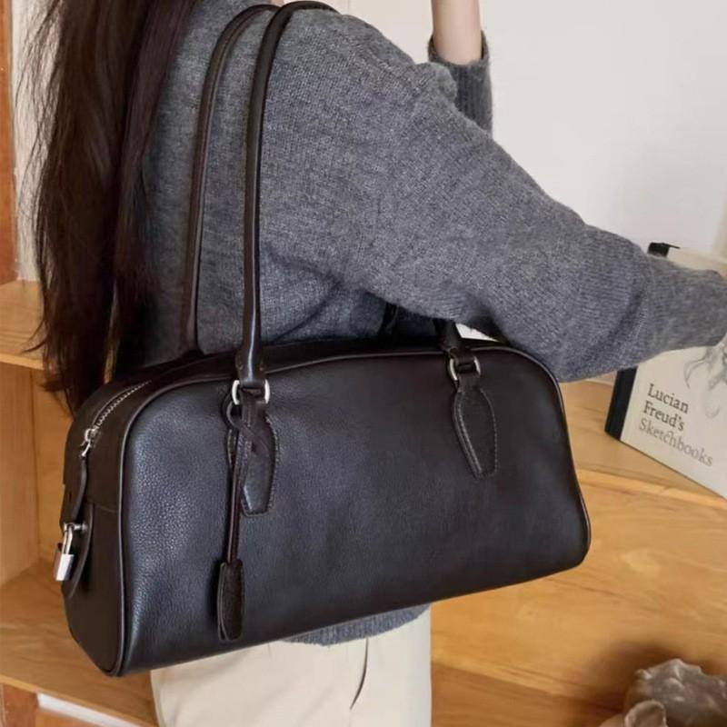 First Layer Cowhide Retro Minimalist Style Large-capacity Handbag Fashionable Texture Long-handled Leather Underarm Shoulder Bag