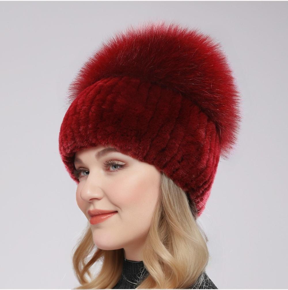 Nové Dámské Zimní Luxusní Čepice z pravé Rex Králičí kožešiny Pletená Rexová králičí kožešinová čepice Top Přírodní Liščí kožešina Čepice Originální Liška Čepice Beanies