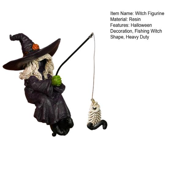 Halloween Fishing Witch Figurine Spooky Cartoon Witch Statue Resin Sculpture Home Office Desktop Holiday Party Decoration Ornament