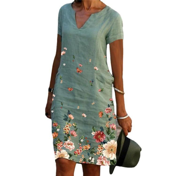 Women Summer Floral Print V Neck Midi Dress Short Sleeve Straight