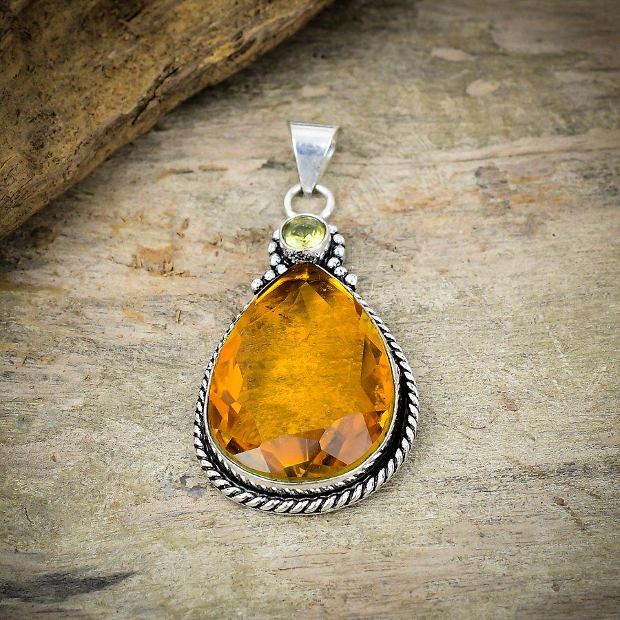 Honey Topaz, Citrine Gemstone 925 Sterling Silver Jewelry Pendant 2.48" M-192