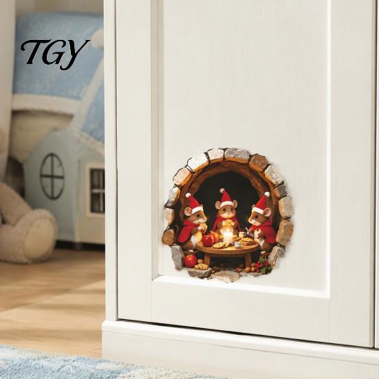 Removable Holiday Wall Stickers Mouse Hole Sticker, Christmas Decal, Self Adhesive Creative Cabinet Decals Cute Mice Sticker for Living