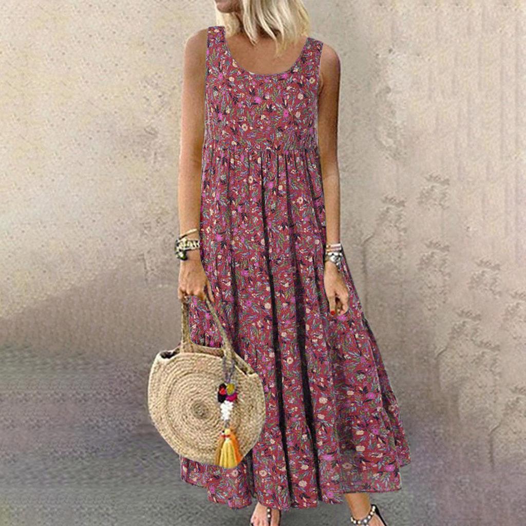 Women's Vest Dresses Summer Spring Pleated Bohemian Dresses Cute Sleeveless Flowing Beach Straight T-Shirt Tank Dresses Round Neck Dresses