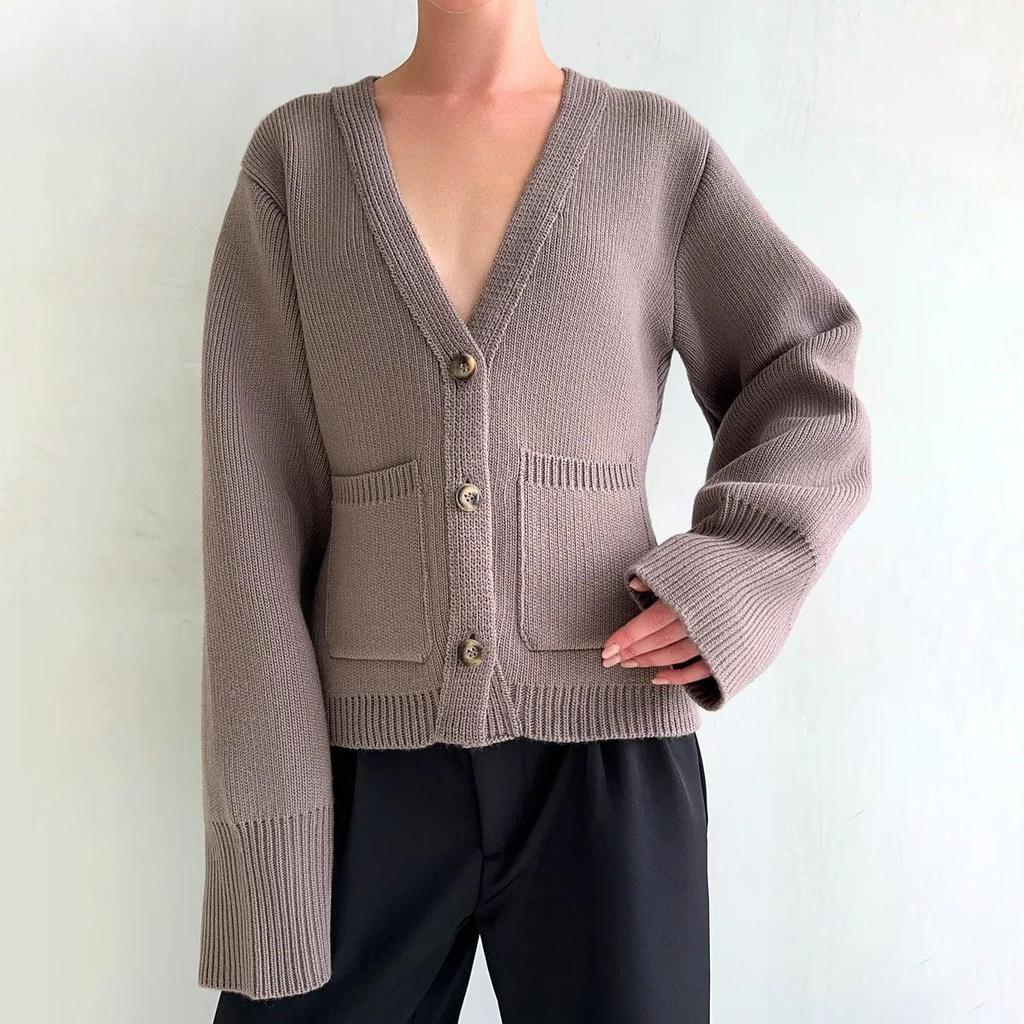 Women's V-neck Pocket Knitted Cardigan Loose Long Sleeve Sweater