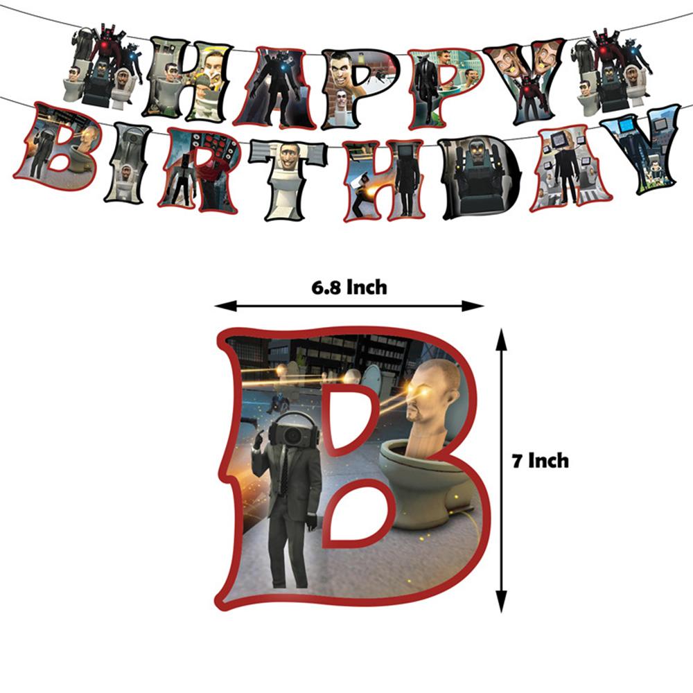 32 ks Party potřeby s tématikou Skibidi Toilet Včetně banneru, ozdob na dort a balónků