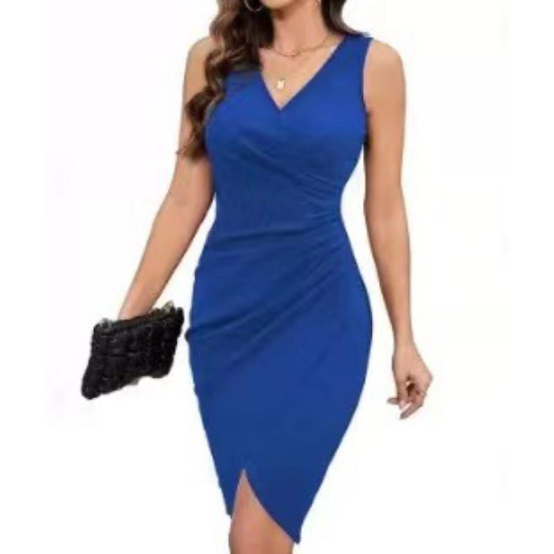 Women's Bodycon Dress Sexy V Neck Sleeveless Faux Wrap Ruched Sheath Midi Dress for Cocktail Party Work Evening Occasions