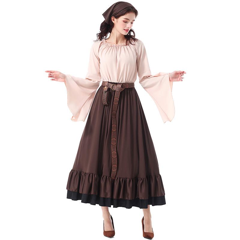 Cosplay Halloween Kostüm, Renaissance mittelalterliches Rüschenkleid mit Kopftuch Viktorianisch für erwachsene Frau