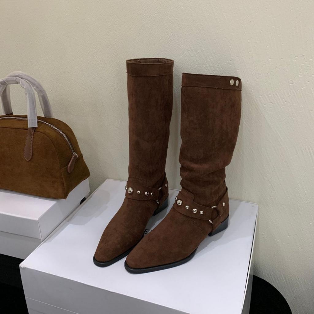 Retro Western Cowboy Boots Women's 2025 Autumn New Niche Design Belt Buckle Thick Heel High Knight Boots