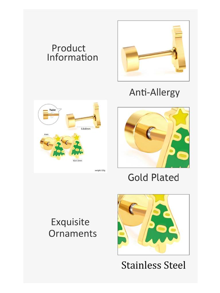 European and American Christmas Star, Tree, and Bell Stainless Steel Screw-Back Earrings for Women