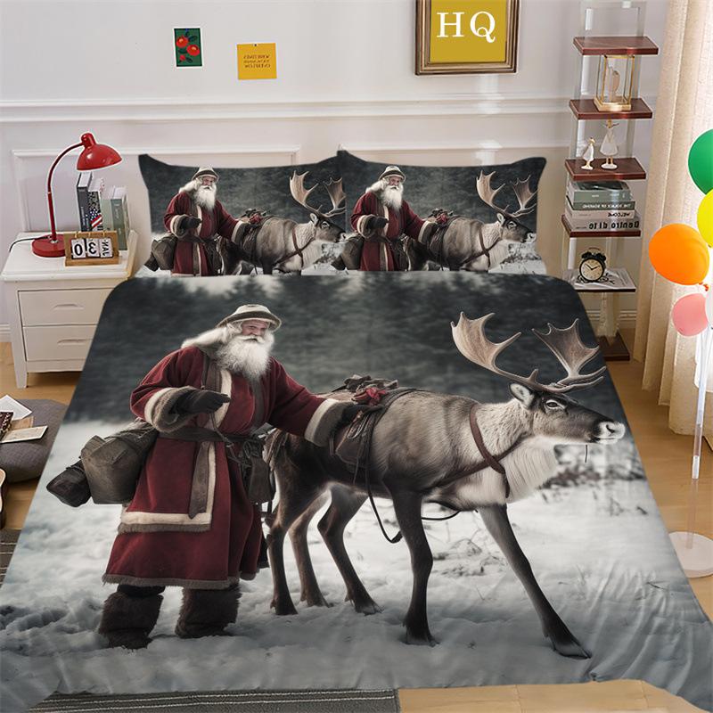 Jultomte Älg 3D-printad Polyester Kuddfodral Täcke Överdrag Två Eller Tre Delars Set