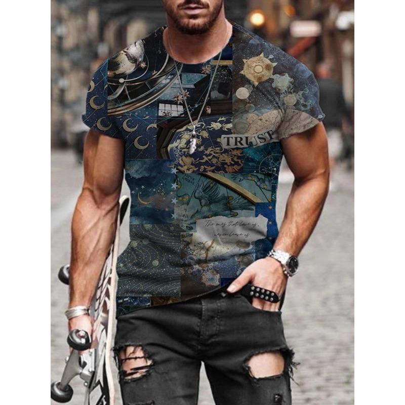 Herrs 3D-printad Street Fashion T-shirt Färgstarkt Mönstertryck Kortärmad Rundhalsad Tröja Vardaglig Topp