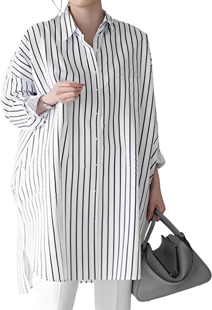 Doors Women's Long Shirt Dress, Long Sleeve, Casual Fashion, Spring Clothes, Figure-Flattering, Striped, 5S-D05-STXL