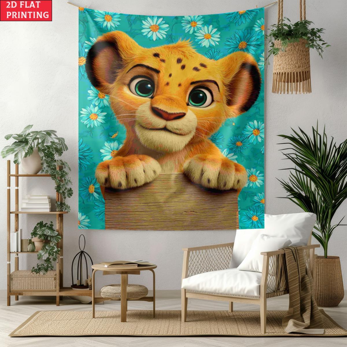 

Vibrant Daisy Lion Cub Tapestry Cute Simba Flower Print Wall Hanging Whimsical Aesthetic Room Decor suitable for use in offices 74x94cm(29x37in)