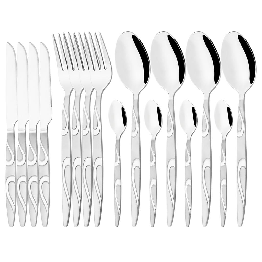 16Pcs Vintage Carved Gold Cutlery Set Western Stainless Steel Dinnerware 4 Colors Flatware Spoon Knife Fork Tableware Kitchen Silverware