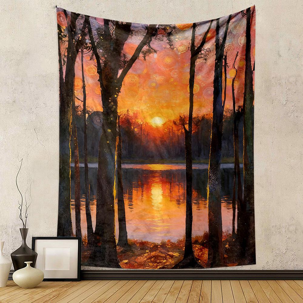 Sunset Forest Reflection Tapestry Art Patterned tapestry home decor, suitable for bedroom and living room, gift