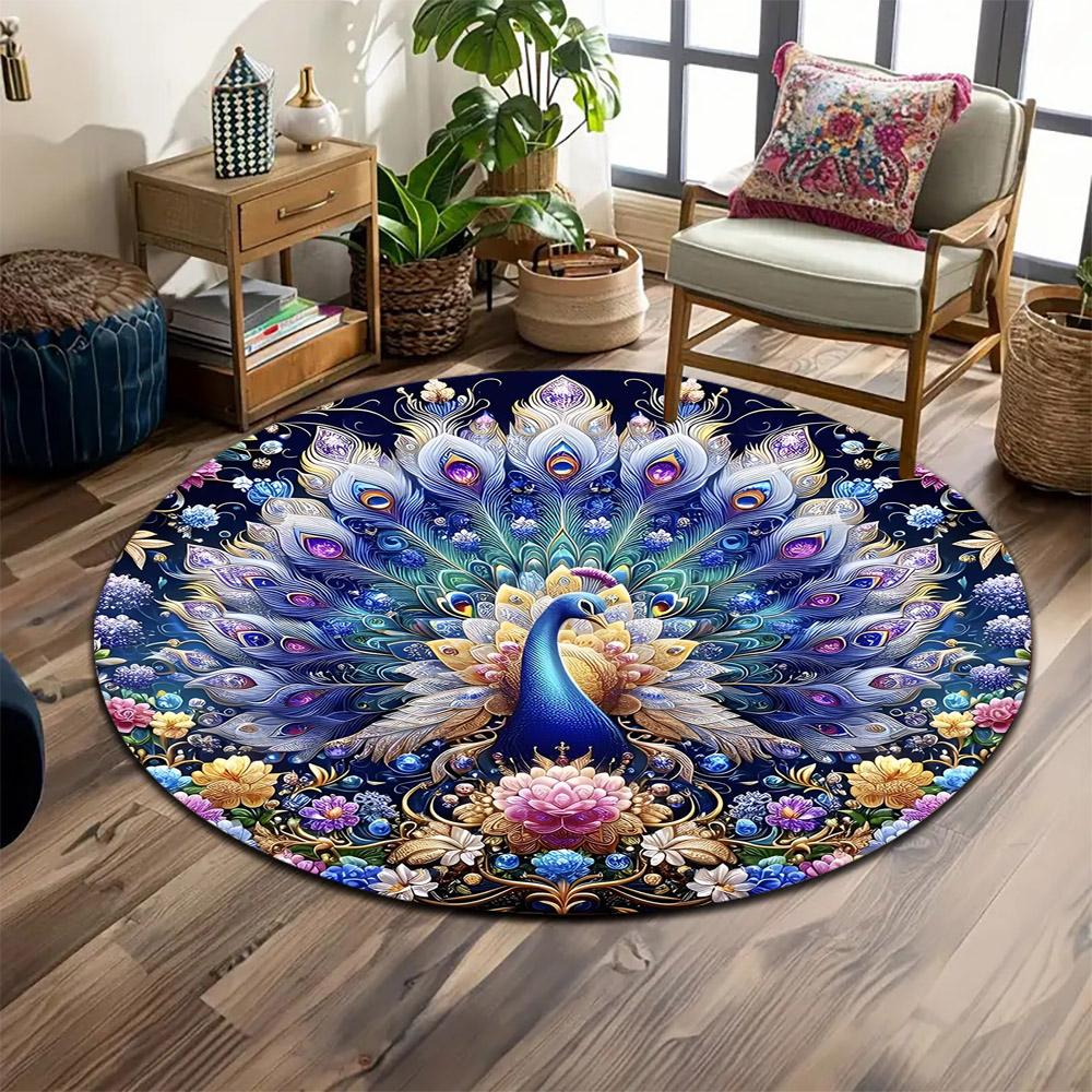 Elegant Peacock with Floral Design Print round rug, living room, bedroom, playroom carpet, non slip floor mat, gift