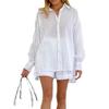 GMXIA Women's Cotton Shirt Suit Summer White Vertical Stripe Shirt Shorts Casual Suit