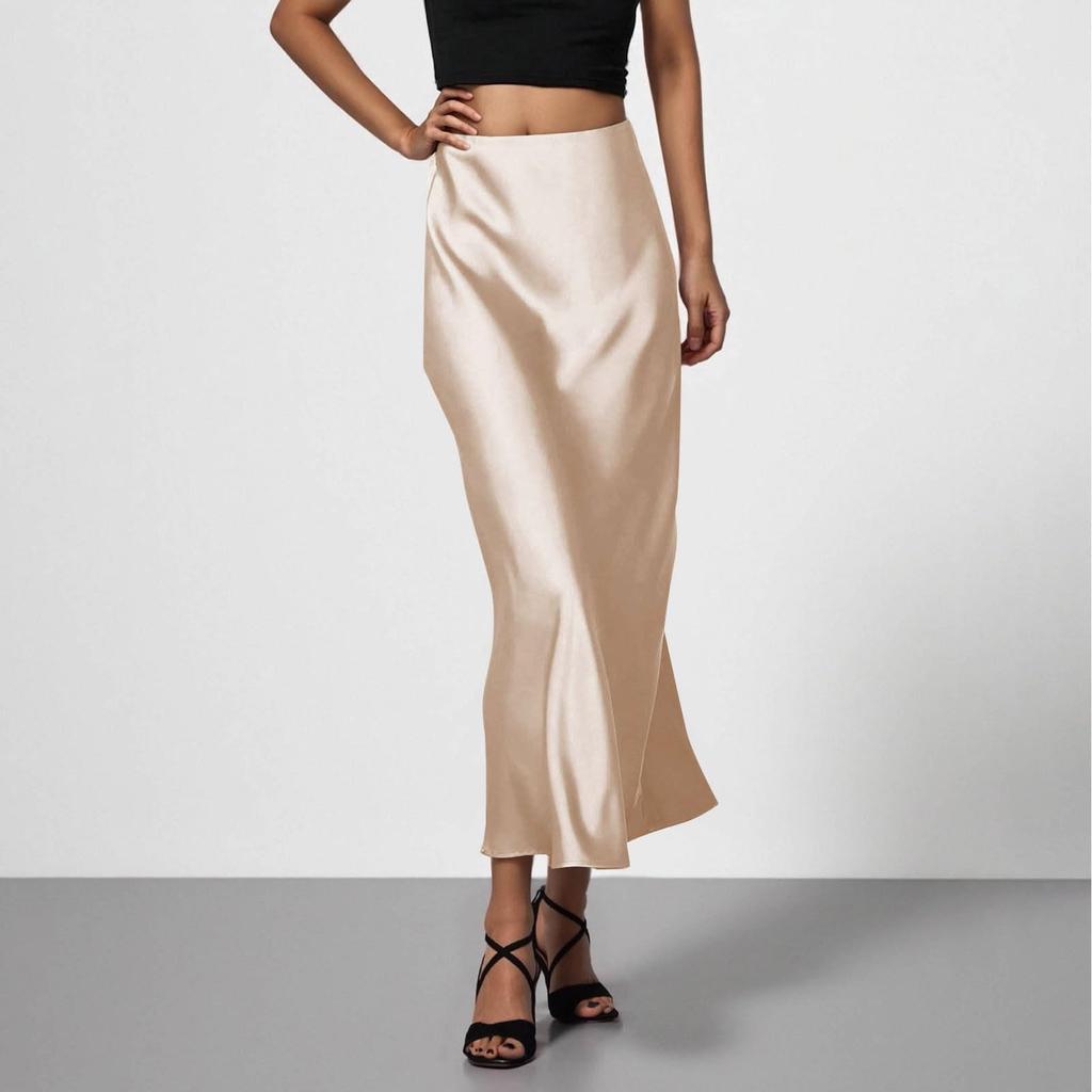 Stylish And Elegant Silky Satin Midi Skirt, Versatile, Slimming And Flowing Bodycon Maxi Skirt For Women.