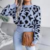 Women Autumn Winter Leopard Print Knitted Crop Sweater Long Sleeve O Neck Nipped Tops Sizes S to L