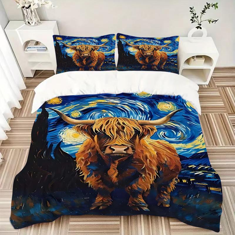 3pcs Starry Night Highland Cow Comforter Set with 1 Quilt Cover and 2 Pillowcases (No Core) - Home Decor, Festival Gift, Polyester Fabric, Anime Carto