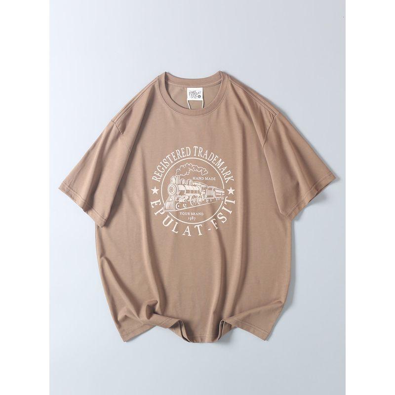 Vintage Locomotive Print Short-Sleeve T-Shirt for Summer, Men's Export Surplus Casual Round-Neck Base Shirt