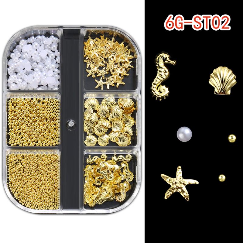 1 Box Metal Summer Ocean Nail Art Charms 3D Shell Starfish Seahorse Pearl Beads Alloy Nail Jewelry Mixed Manicure Studs Decor