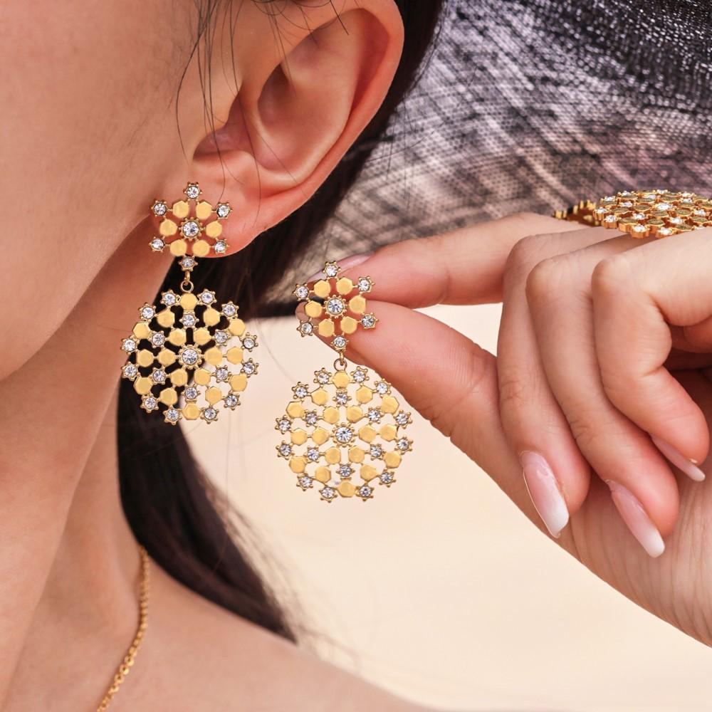 Chain Necklace Matching Ring Earring In Stainless Steel 18k Gold Plated Hexagonal Pendant Necklaces Rings Earrings Set For Women