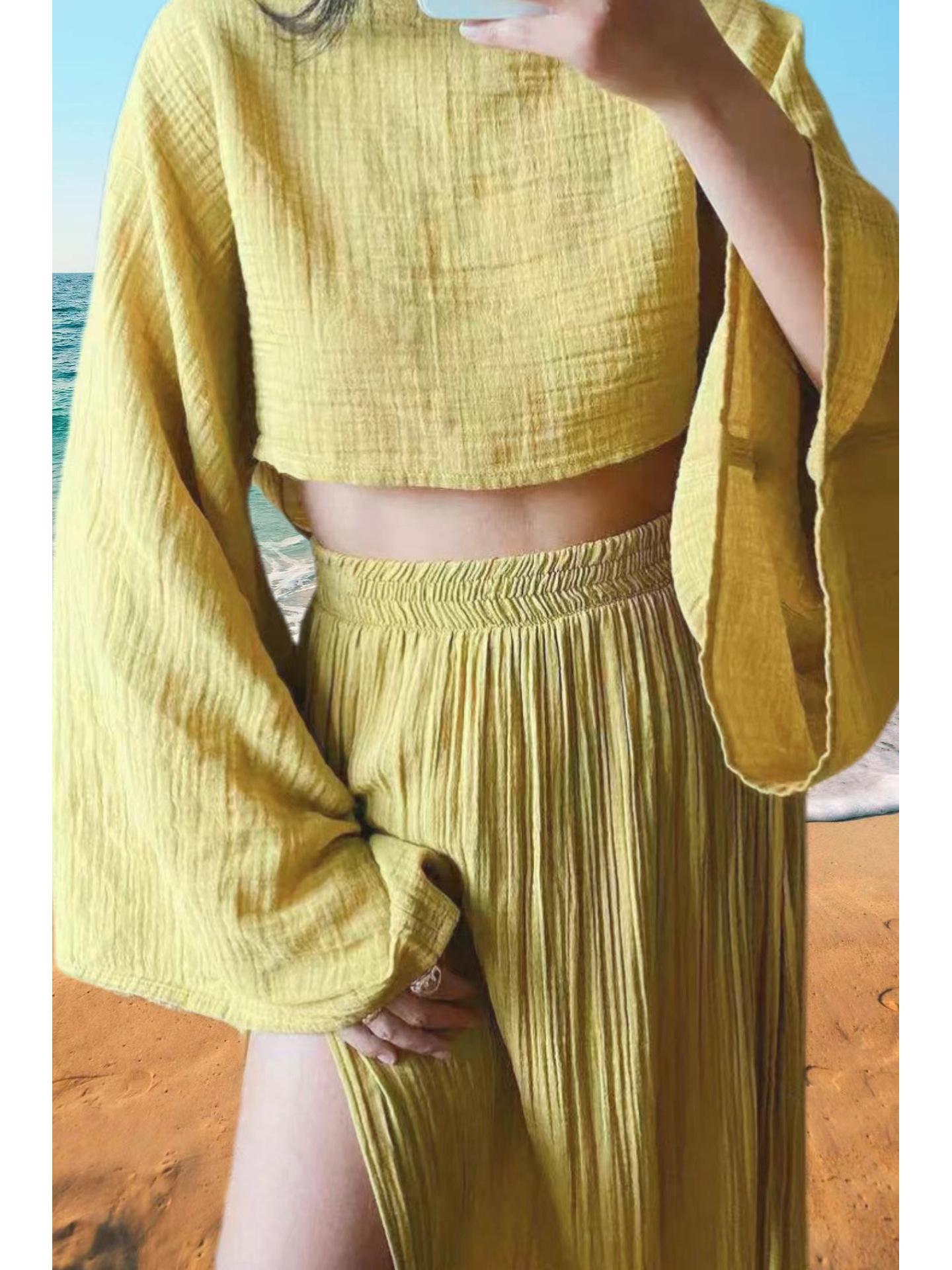 

2024 Chic Linen-Blend Cropped Top & High-Waist Slit Pants Set M жёлтый