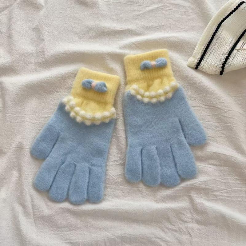 

Blue plush knitted five-finger gloves women s autumn and winter warm cute plush thickened cycling cold new average size