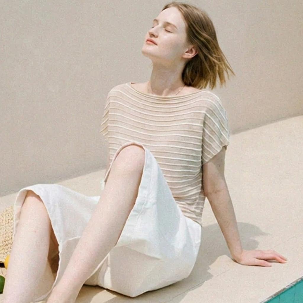 Quiet luxury linen lyocell knitted T-shirt women's summer temperament commuting senior slim-fitting short-sleeved linen cotton striped top
