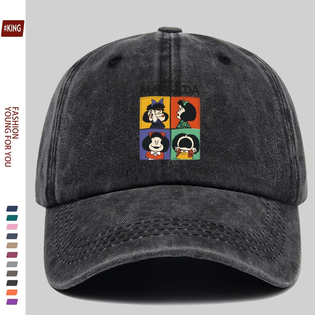 Simple Cartoon Four-Grid Printed Washed Vintage Soft Top Sunshade Baseball Cap Unisex Versatile Baseball Cap