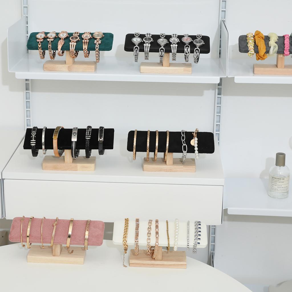 Holzsockel T-förmiger PU-Leder Samt Armband Präsentationsständer Armreif Uhr Haarband Schmuck Aufbewahrungsständer Halter Organizer