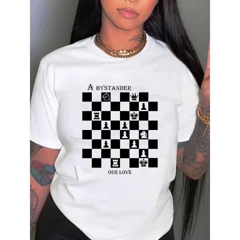

Women Casual Sports T Shirt Round Neck Short Sleeve Chess Pattern Print Comfortable Summer Top M белый