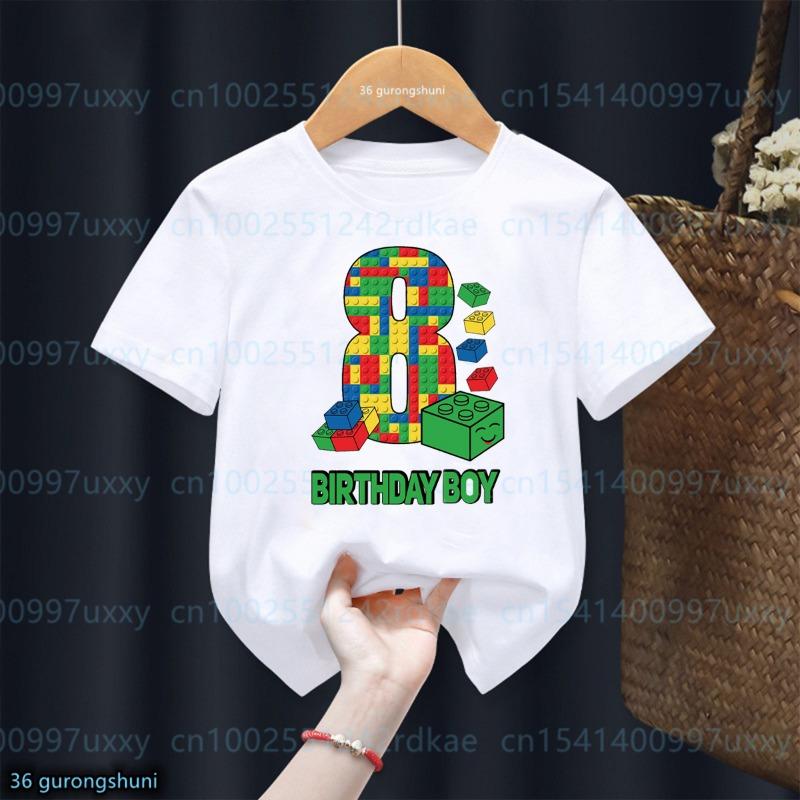 T-shirt Anniversaire Garçons 1-10 ans Briques de Construction Imprimé Graphique Bloc Amusant T-shirt Tout-Petit Cadeaux Enfants Vêtements Fête d'Anniversaire T-shirt