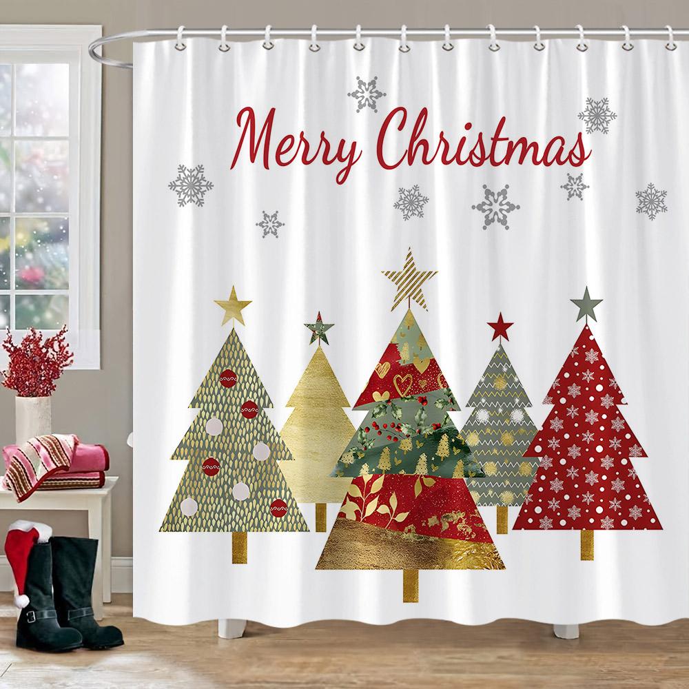 Winter Christmas Shower Curtain Red Truck Snowman Reindeer Snowy Farmhouse Bath Curtain Washable Polyester Fabric Bathroom Decor