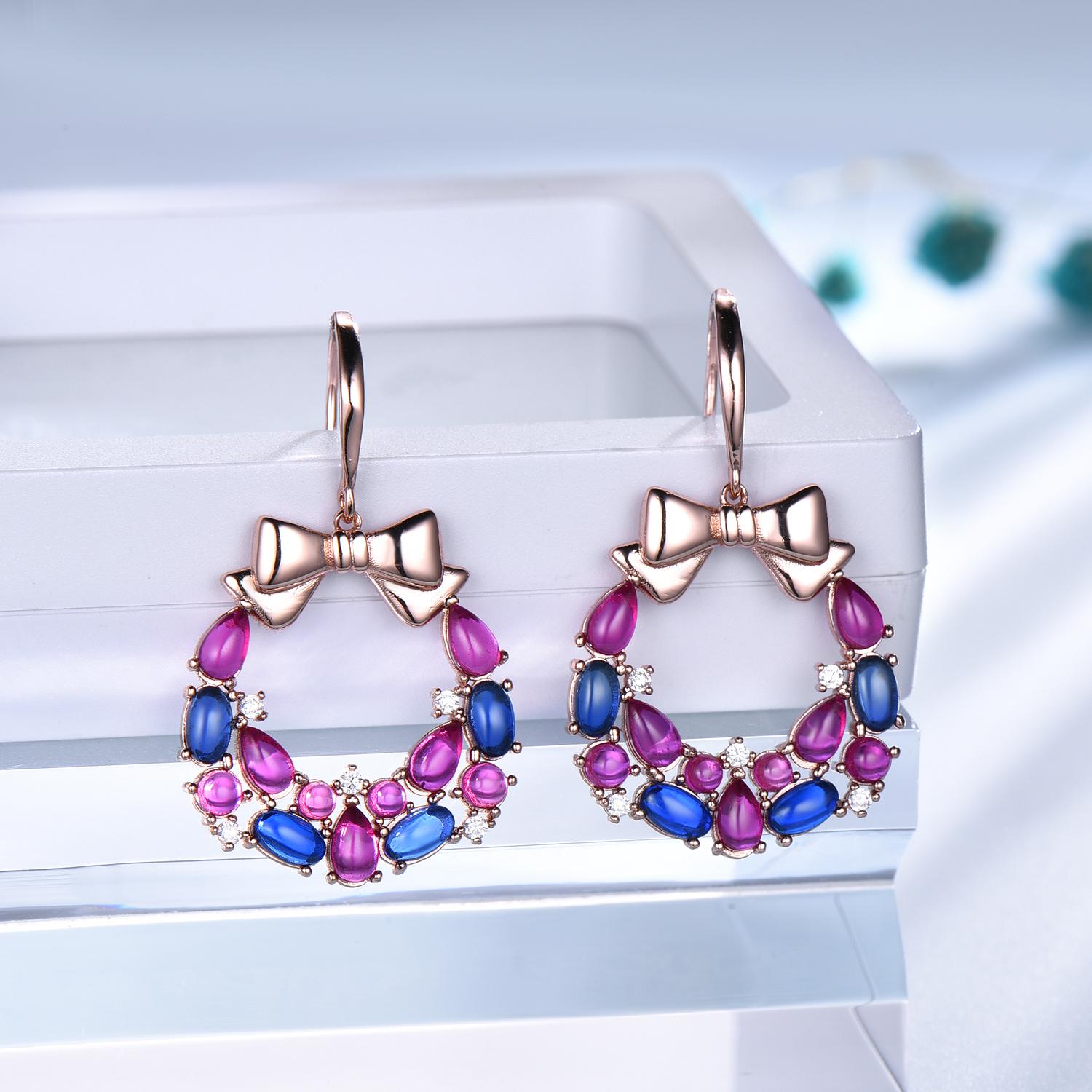 

Серьги в виде рождественского венка оптом из розового золота с фиолетовым синим цирконием, серьги из стерлингового серебра 925 пробы с кубическим цирконием синий/фиолетовый