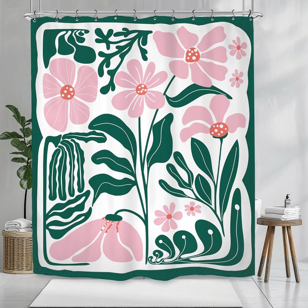 Pink Green Abstract Floral Pattern Waterproof Shower Curtain 180x180cm - Modern Botanical Print Bath Curtain for Home Decor