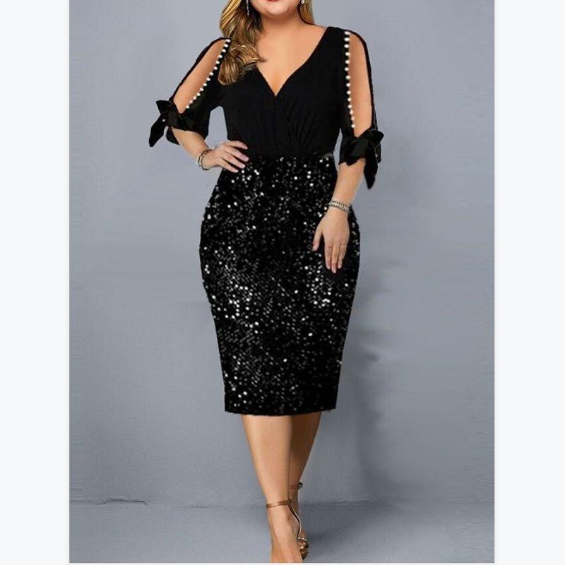 

Fashion V Neck Stylish Sequin Petal Sleeve Dress Female V-neck Sequin Dress for Women Black S