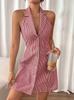Women Sleeveless Halter Lapel Mini Dress, Blue White Vertical Striped Front Button Down Slim Fit Flared Hem Casual Shirt Dress
