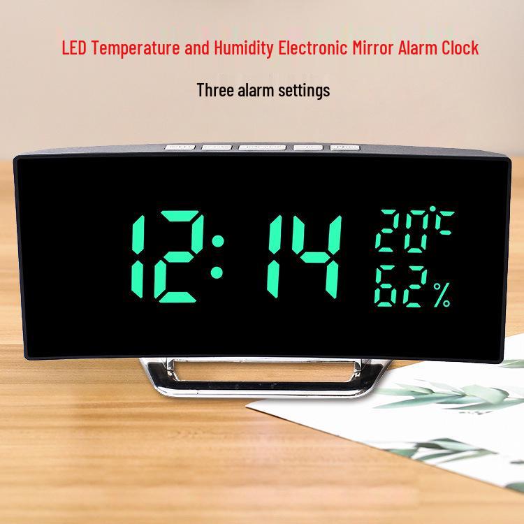 

Изогнутые светодиодные зеркальные часы с отображением температуры и влажности, три настройки будильника