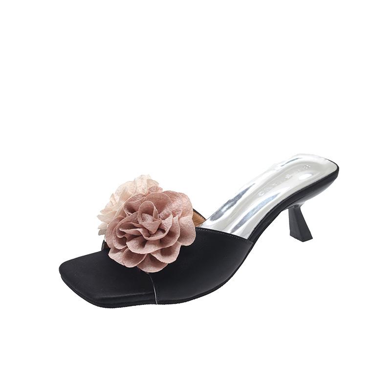 Korean Version of Flower High-heeled Slippers for Women 2025 Flowery French Low-heeled Stiletto One Pedal High-heeled Cool Slippers for Women
