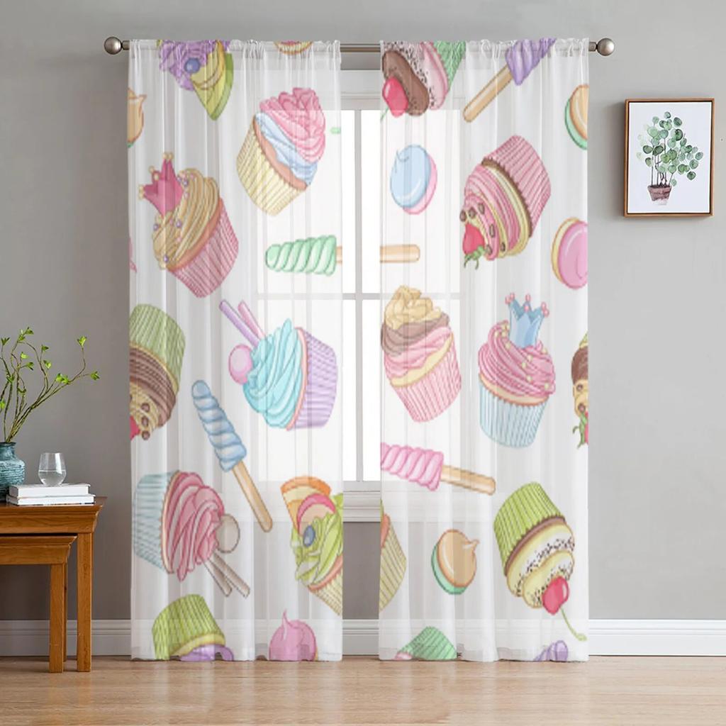 Ice Cream Cone And Cupcakes Tulle Curtain For Living Room Sheer Valance Curtain For Kitchen Bedroom Window Drapes