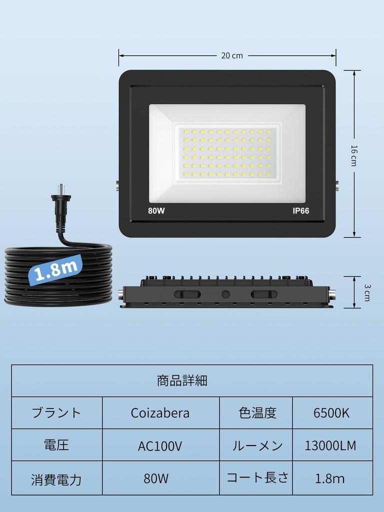 Coizabera Outdoor LED Floodlight, 80W, Set of 2 [Switchable 3-Pin2-Pin Plug], 6500K Daylight White, 13,000LM, High Brightness, Waterproof, HeatCold