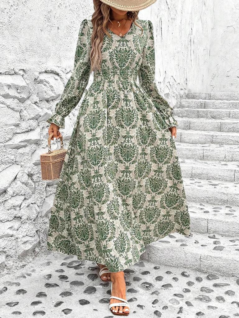 2024 Women's Autumn V-Neck Long-Sleeve Print Dress